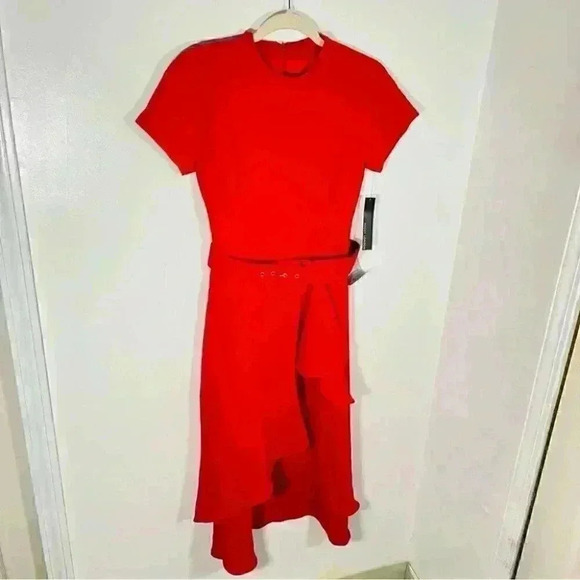 NWT Maggy London Crepe Arc Shoulder Cascade Skirt Belted Fit & Flare Midi Dress - Picture 6 of 9